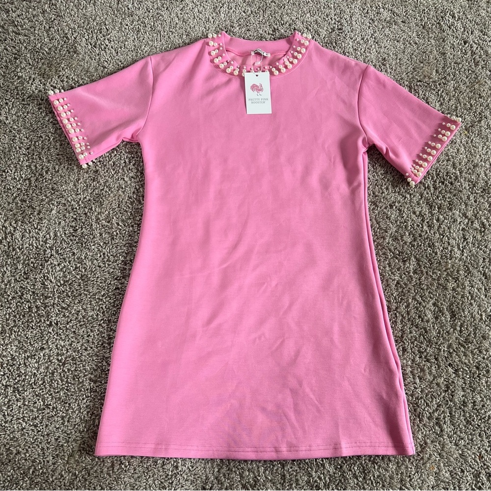 NWT Pink T-Shirt Dress with Pearl Details